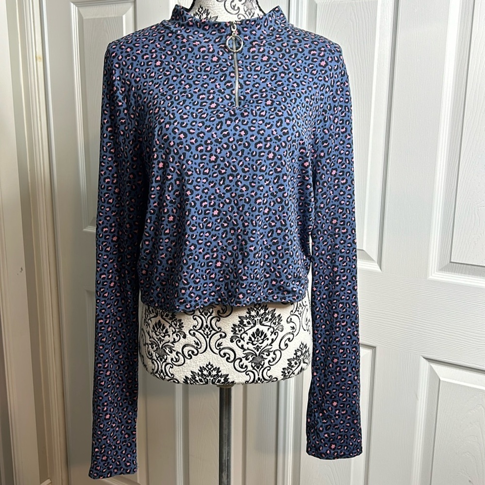 One By One Leopard Print Crop Top‎ Zipper Long Sleeve 3XL